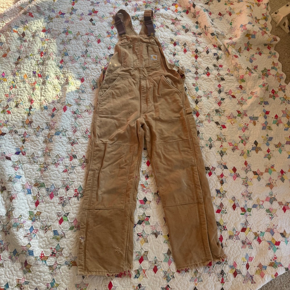 Carhartt R02 BRN Quilt Lined Duck Bib Overalls Brown Distressed 36x32 Mens